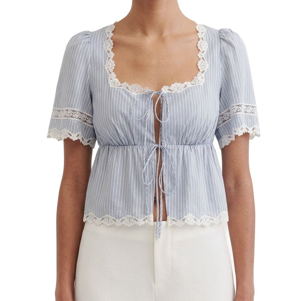 Reformation Margot Top Bueno Stripe Blue White Striped Peplum Blouse XS